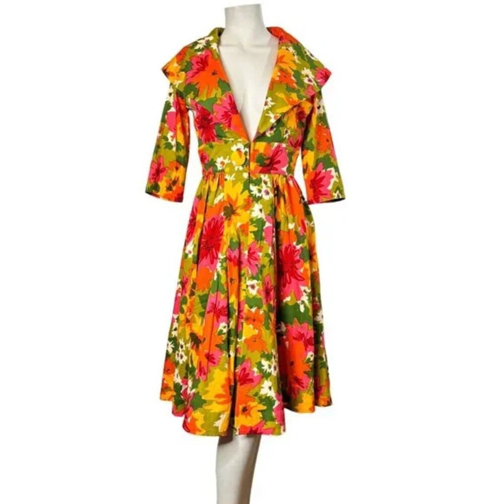 TRASHY DIVA Sz 4 Kelly Cutaway Coat Dress Mod 1960s Dayglow Floral Print 60s